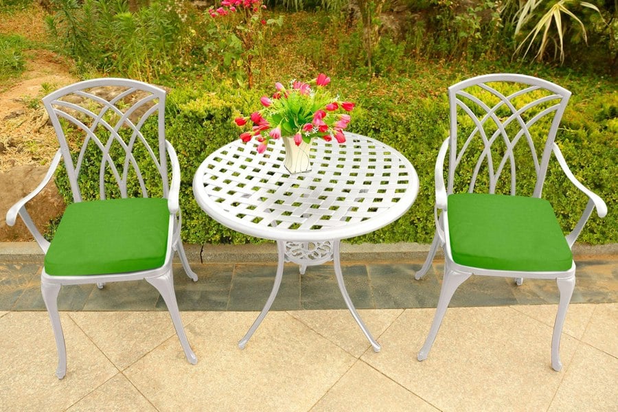 Centurion Supports OSHOWA Luxurious Garden and Patio Table and 2 Large Chairs with Armrests Cast Aluminium Bistro Set - White with Green Cushions