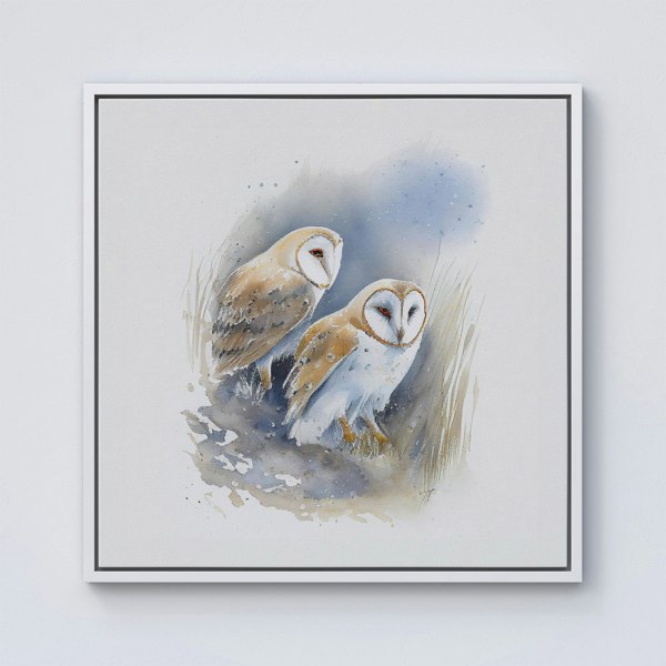 Warren Reed Barn Ano Owls Watercolour Framed Canvas