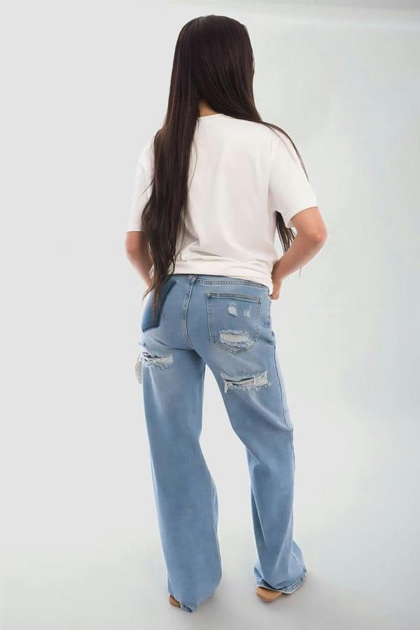 Chana Back Statement Distressed Straight Leg Jeans - Denim