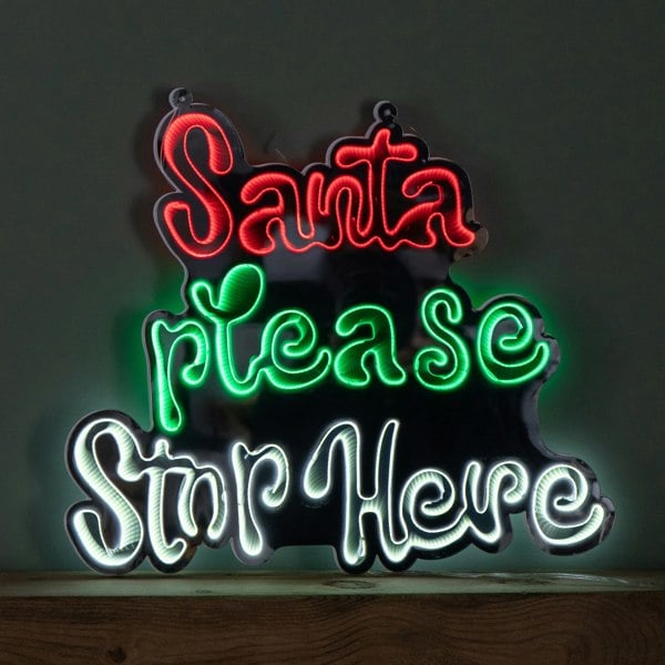 Samuel Alexander 40cm Light up Hanging Santa Stop Here Christmas Infinity Mirror Light with Multi-Coloured LEDs