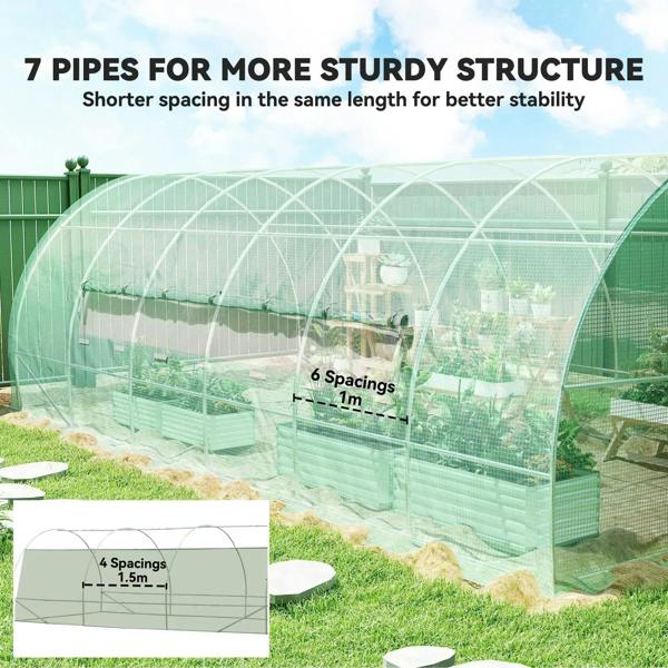 Green polytunnel greenhouse side with mesh walls and evenly spaced support pipes