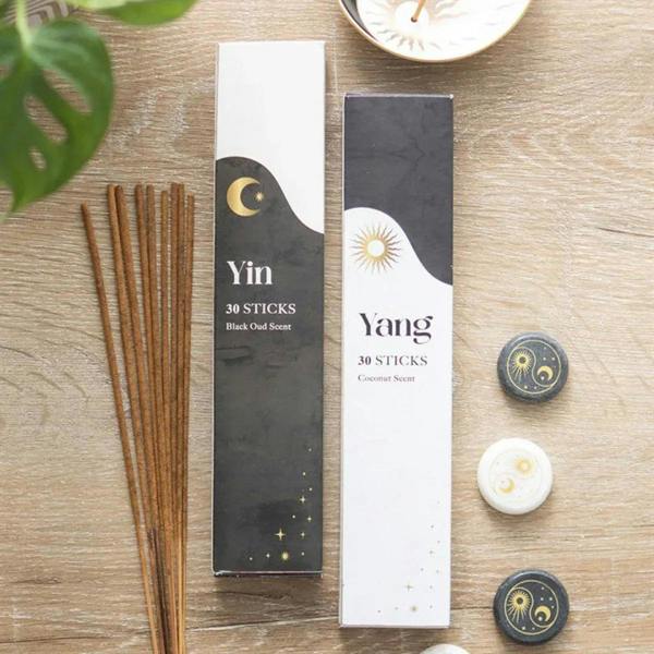 Set of two yin-yang incense stick packs with 30 sticks each, black and white boxes