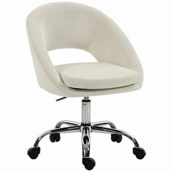 Velvet Desk Chair, Modern Office Chair with Height-Adjustable, Wheels, for Home Study Bedroom, Cream