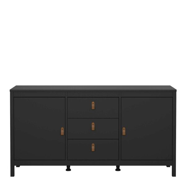 Wyld Haus Wildberry Matt Black Wooden Sideboard 2 Doors 3 Drawers Leather Handles