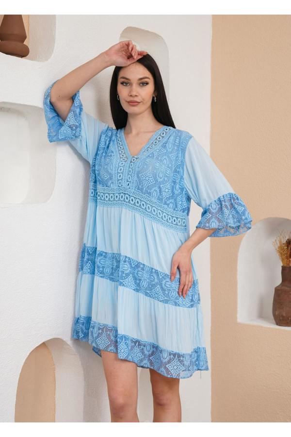 Hoxton Gal Relaxed Fit 3/4 Sleeves Lace Detailed V Neck Mini Dress in Baby Blue