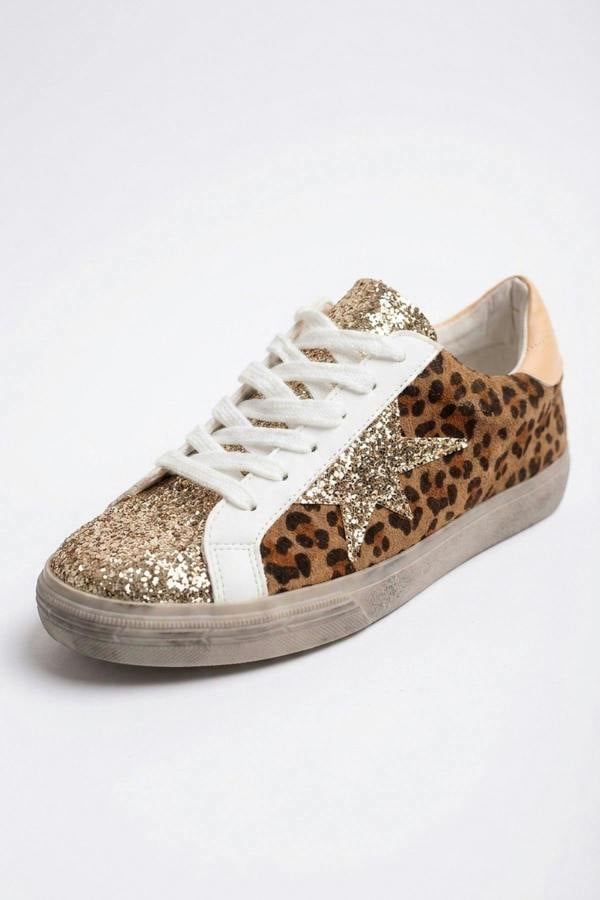 Tatum Glitter Star Detail Lace Up Trainers - Leopard
