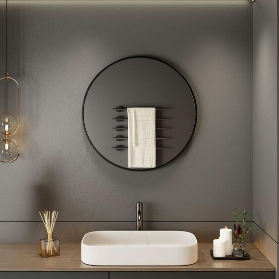 Neo 70cm Black Round Metal Frame Wall Mirror Float Glass HD Reflection Anti-Rust Moisture-Proof Wall Mounted Bathroom Bedroom Hallway Living Room