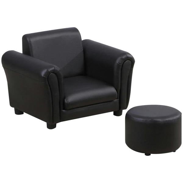 Black kids armchair with cushioned armrests and matching round footstool