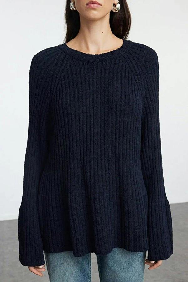 WOVCOR Loose Fit Cotton Knit Sweater with Peplum Detail