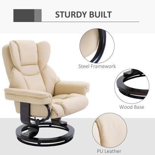Bobobiy 360° Swivel Recliner Chair with Footstool, PU Leather Manual Recliner Armchair with Footstool, Solid Wood Base, Cream