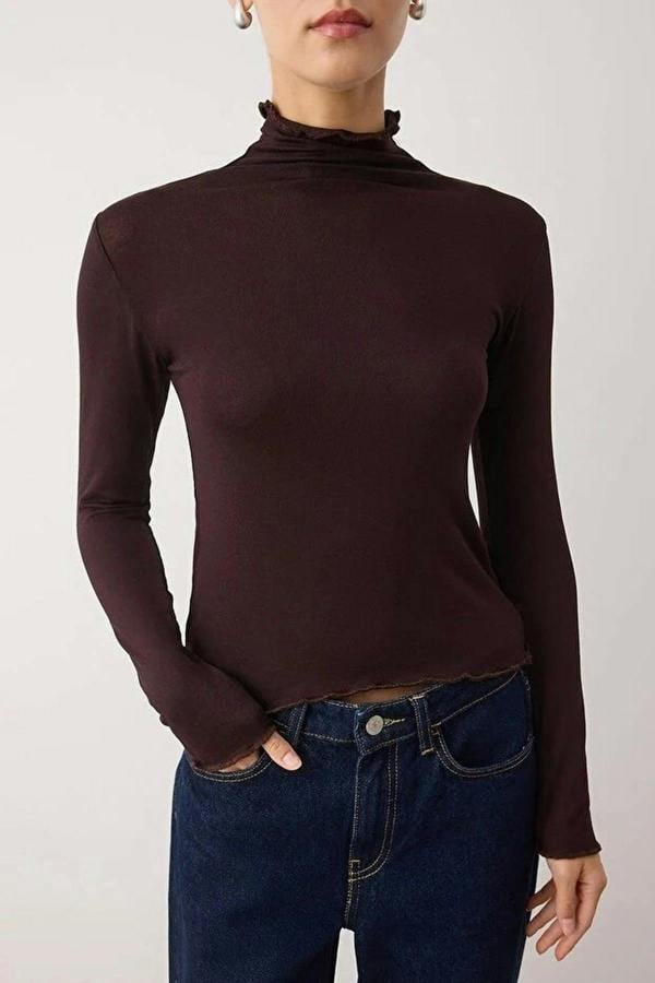 WOVCOR Transparent Stand Collar Flexible Regular Knit Blouse