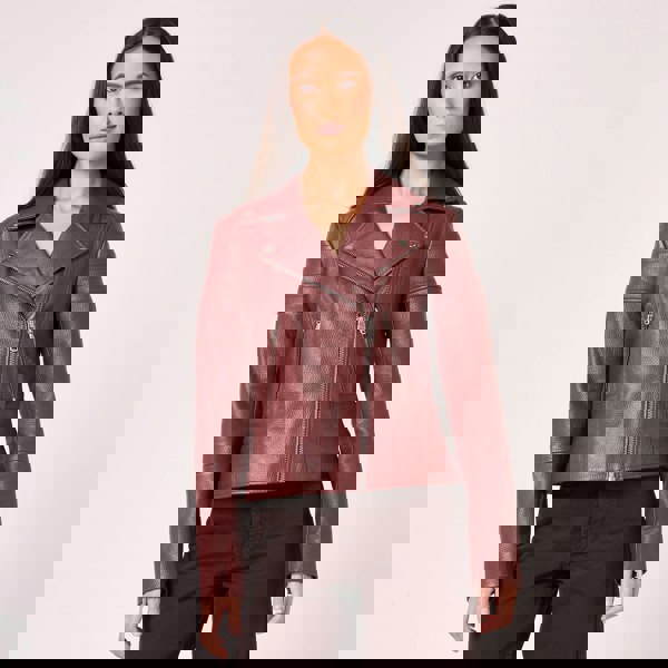 Barneys Originals Women's Burgundy Leather Ribbed Asymmetric Biker Jacket