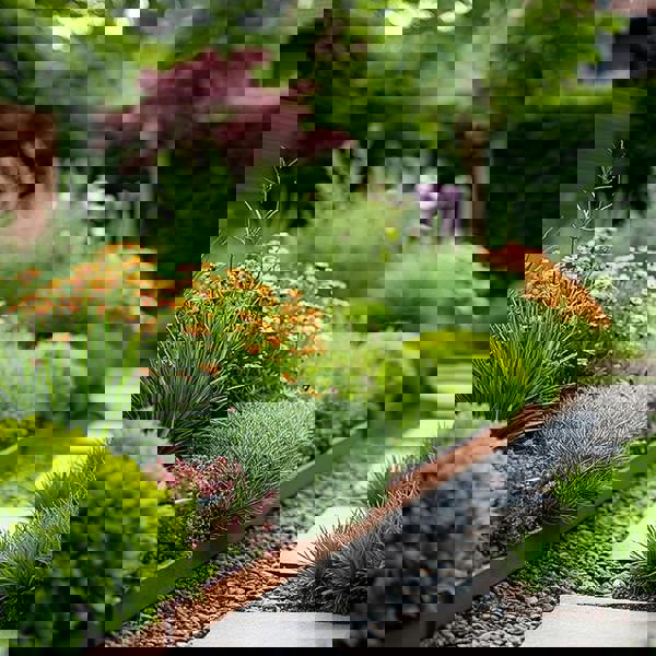 Modern rust metal garden edging bordering a stone walkway, featuring vibrant orange and pink flowers for a contemporary landscaped garden design.