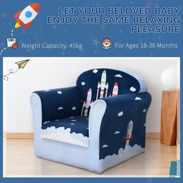 Children's navy-blue armchair with rocket and cloud print, curved back and arm pads
