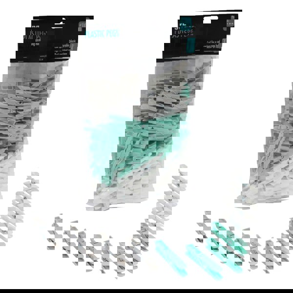 JVL Plastic Peg Basket, Grey with 100 Strong Hold Plastic Pegs, Aqua