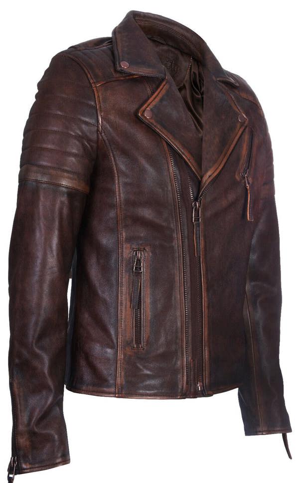 Infinity Leather Mens Slim Fit Brando Style Cross Zip Leather Biker Jacket