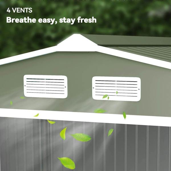 Light green metal shed roof with four ventilation openings for airflow