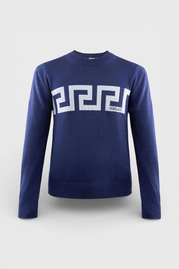 Versace Logo Greca Motif Knit Sweater Navy