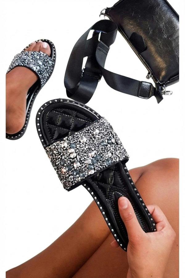 Sofie Embellished Slip On Sandals - Black_wb