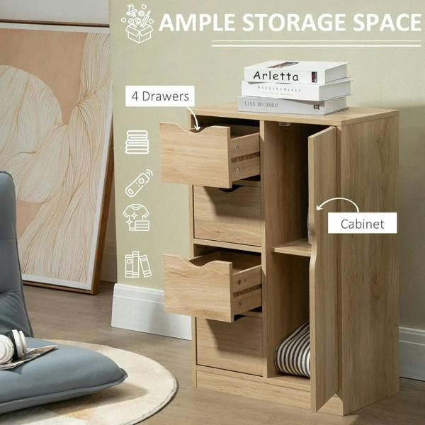 Light wood cabinet with open door revealing shelves and three pull-out drawers