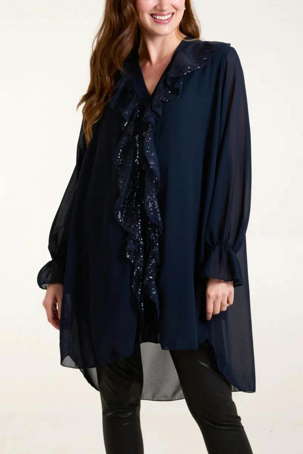 Hoxton Gal Relaxed Fit Long Sleeves Frilled Front Sequin Detail Tunic Top in Navy