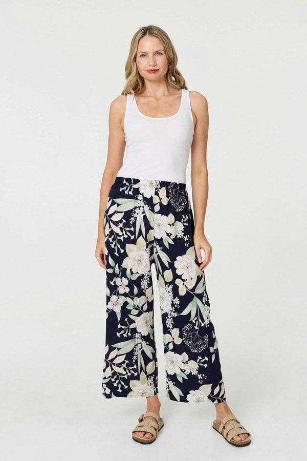 Navy | Floral Tie Waist Wide Leg Trousers

