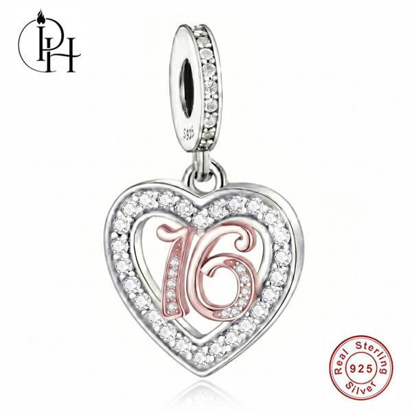 Parus Home 16th Birthday Charm Pandora Compatible 925 Sterling Silver Heart Dangle, Daughter Gift for Bracelet
