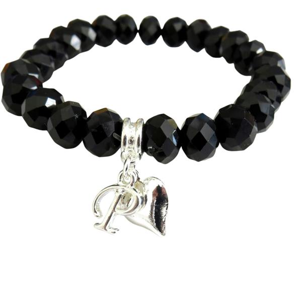 Personalised Black Crystal Beaded Initial & Heart Charm Bracelet