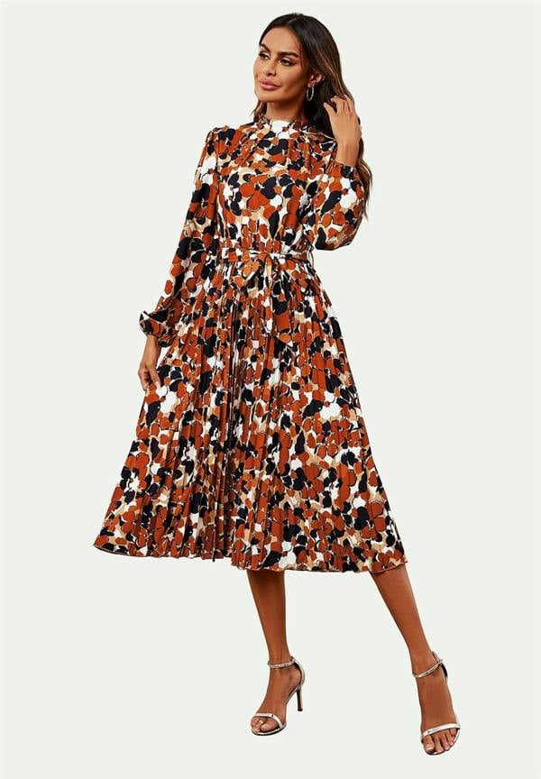FS Collection High Neck Long Sleeve Midi Dress In Rust