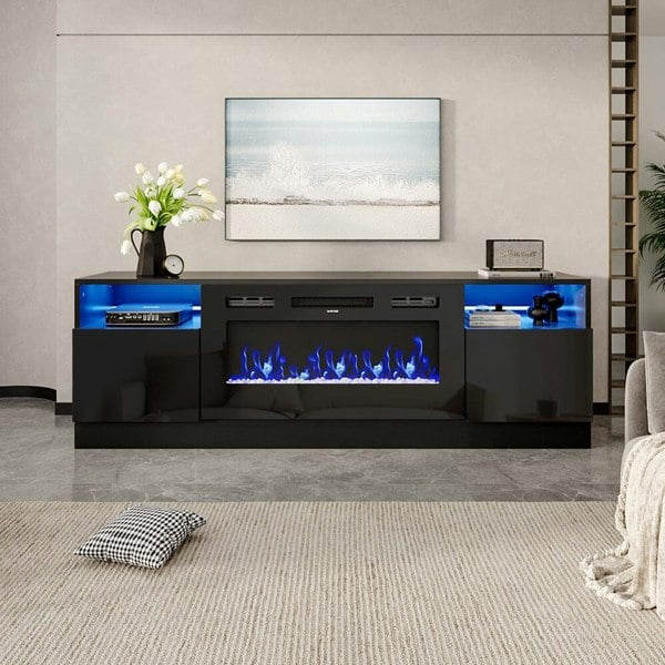 Livingandhome Recessed Electric Fireplace TV Stand with Closed Storage Living and Home Black