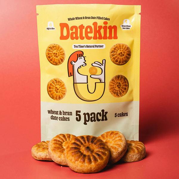 Datekin 5-pack wheat and bran date cakes packaging with cakes on a red background