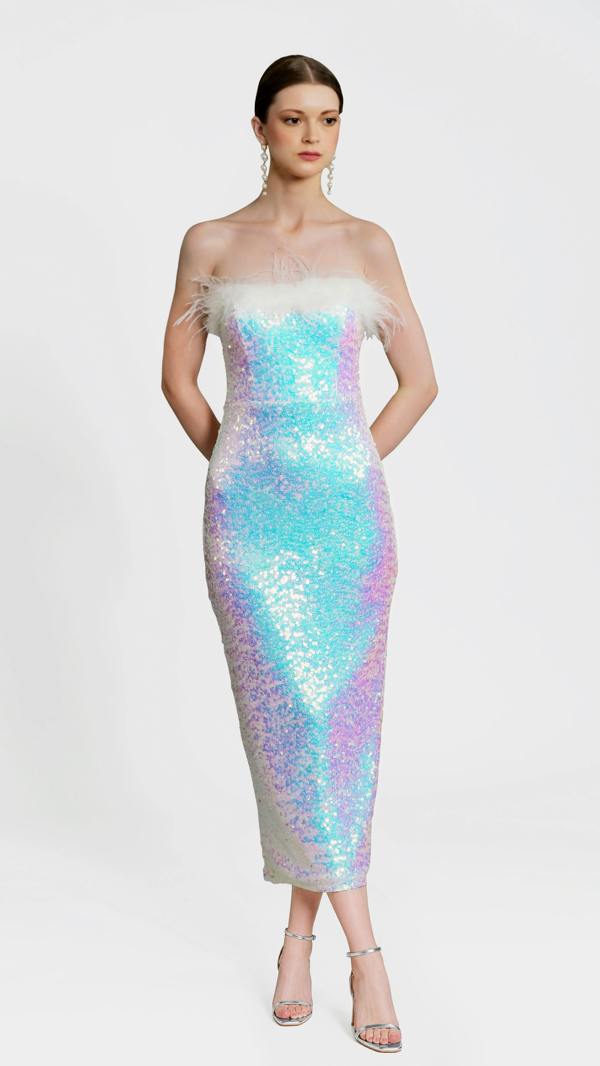 LuvForever Selene - White Bandeau Sequin Midi Dress