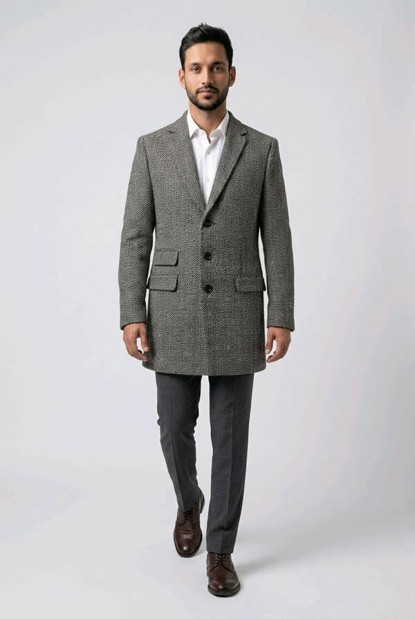 Pamoni Men's Herringbone Wool Blend Coat