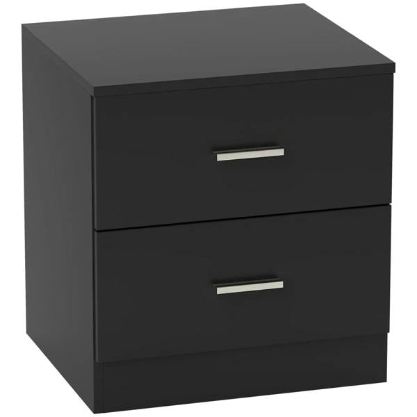 Black bedside table with two drawers and silver bar handles