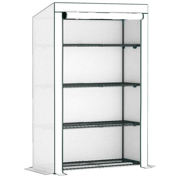 Four-tier mini greenhouse with green frame and clear panels, four wire shelves