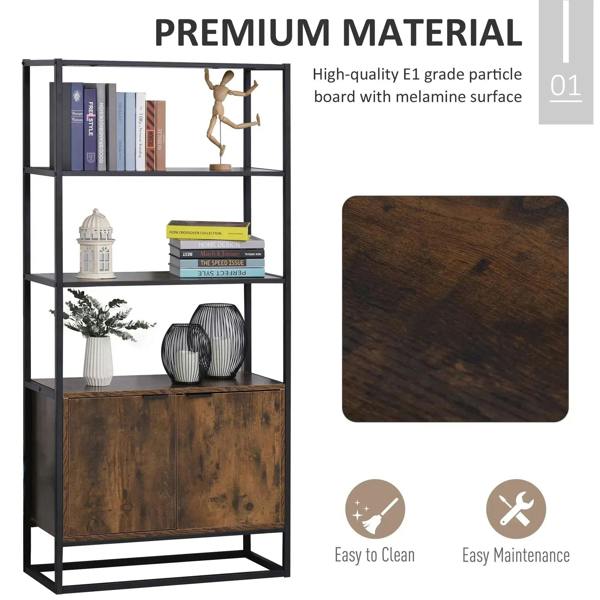 Black metal bookshelf with rustic brown laminate panel cabinet and three open storage shelves