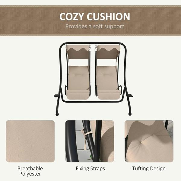 Beige swing chair with protective canopy and padded cushions with fixed straps.