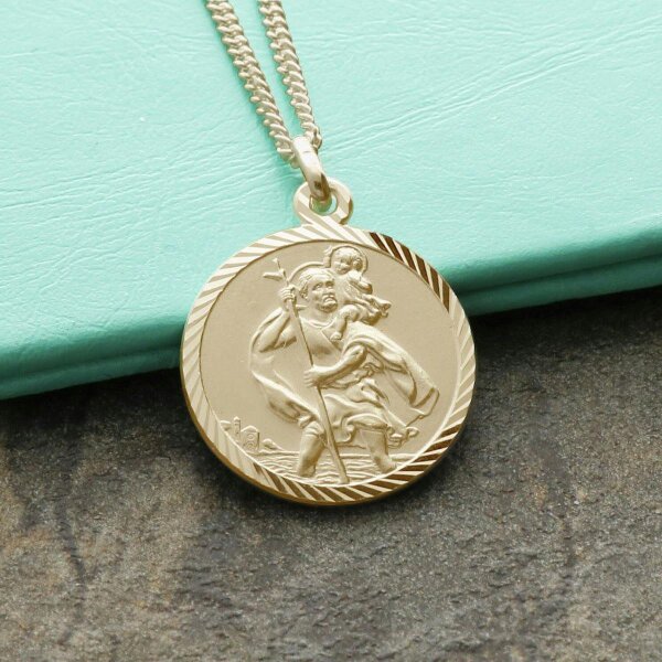 Christopher James of London 9ct Yellow Gold Diamond Cut 18mm St Christopher Pendant With Optional Engraving and Chain
