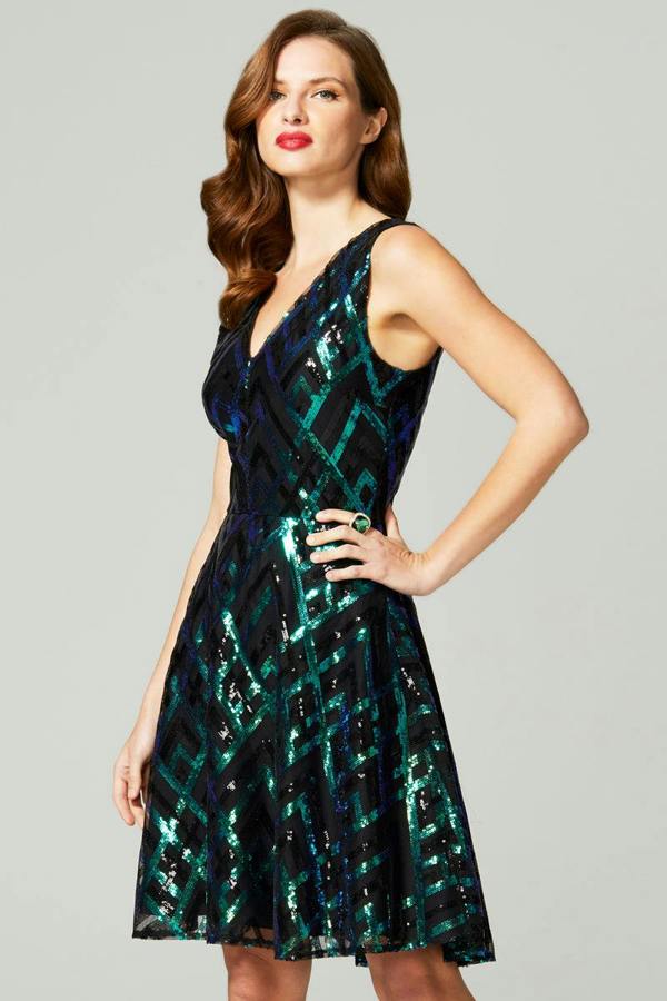 HotSquash Sequin V Neck Fit and Flare Dress