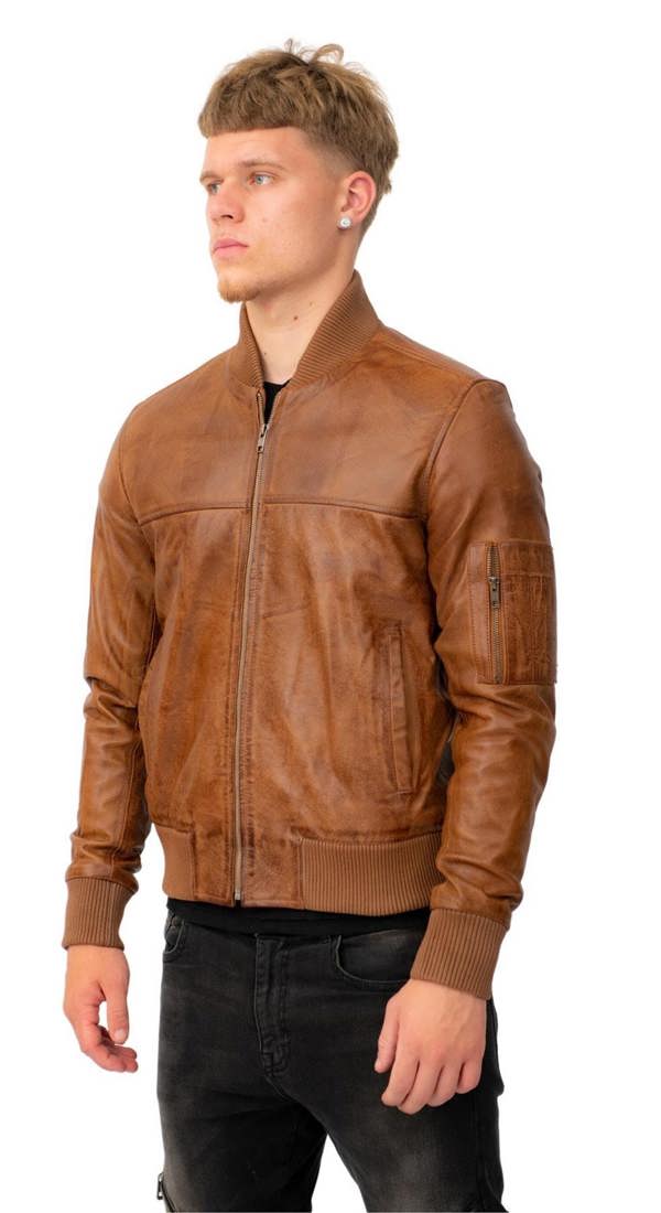 Infinity Leather Mens Retro MA-1 Leather Bomber Jacket-Arlington