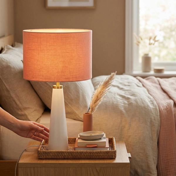 Chic Designer Peach Palazzo Textured Linen Fabric Circular Lamp Shade Image 6