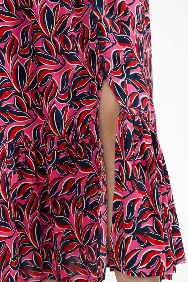 Mudflower Leaf Print Flared Button-Up Midi Dress