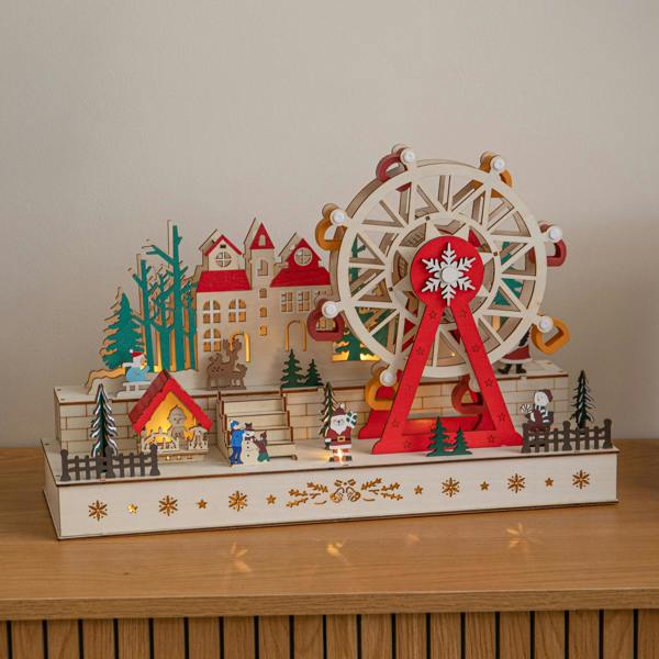 Samuel Alexander 45cm Light Up Wooden Christmas Village Scene with Rotating Ferris Wheel