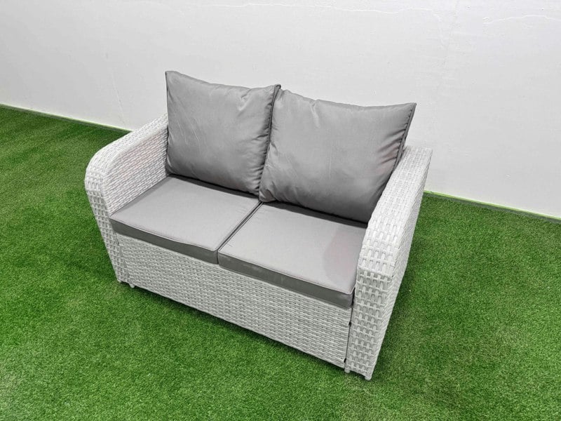 Fimous 9-Seater Outdoor Rattan Reclining Sofa Set | Adjustable Dining/Coffee Table, 3 Stools, Side Table | Light Grey