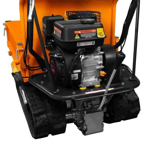 Tracked Mini Dumper Petrol Transporter with robust black engine, orange body, and durable tracks designed for efficient transport