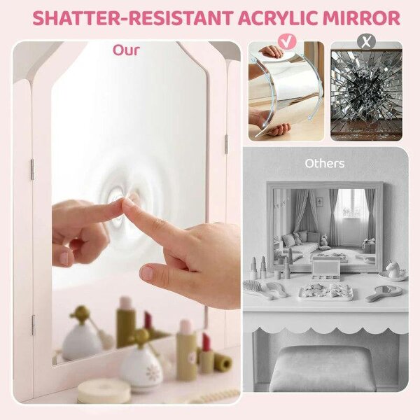 Kids Dressing Table, Kids Vanity Table and Chair Set with Tri-Folding Mirror, 2 Drawers, 2 Cabinets for Girls 3+, Pink