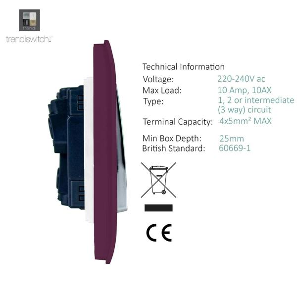 Trendi Switch 4 Gang Light Switch (3x 1 or 2 Way & 1 x Intermediate)in Plum Purple