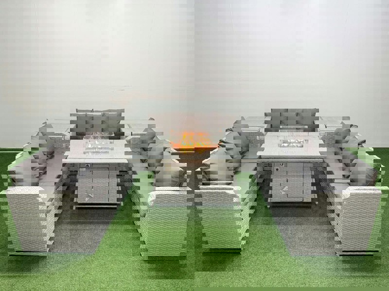 Fimous PE Rattan Lounge Sofa Set 9 Seater Outdoor Garden Furniture Set with Fire Pit Dining Table 3 Seater Sofa 2 Side Table Light Grey