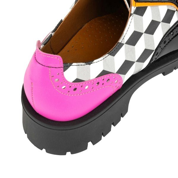 Embassy London Artisan - Black & White Cubics - Women's chunky sole leather derby shoe with brogue details