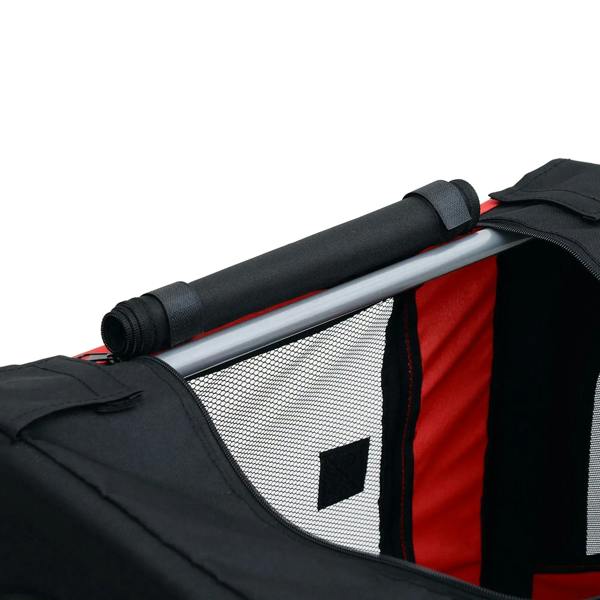Red and black pet trailer roll-up PVC cover and mesh door window on steel frame